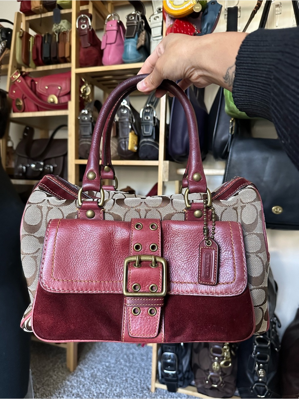 Coach Signature Satchel with Burgundy Leather & Suede Trim
